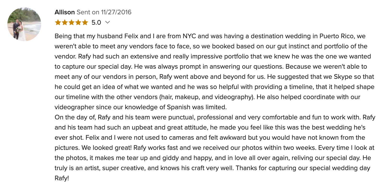 Five-star review praising destination wedding photographer Rally for professionalism and stunning photos delivered within two weeks.