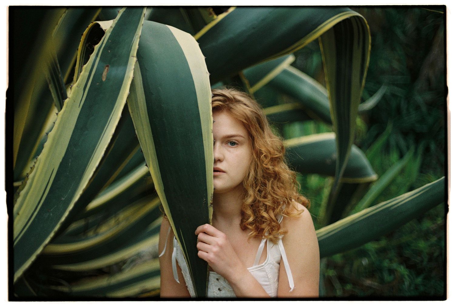 A artistic portrait of photographer Polina Hedzenko framed by large tropical leaves in Lisbon, Portugal