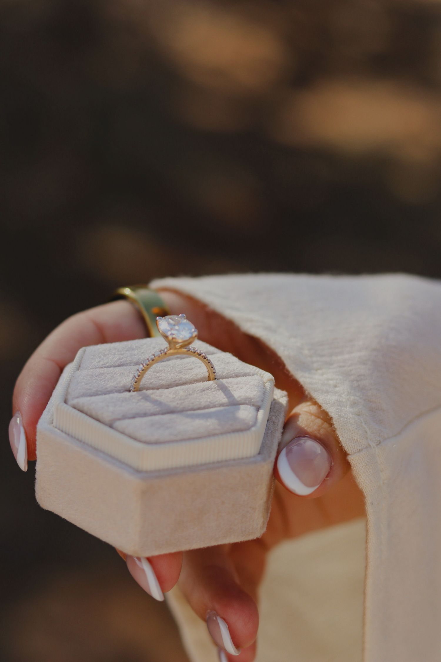A wedding ring in a ring box.