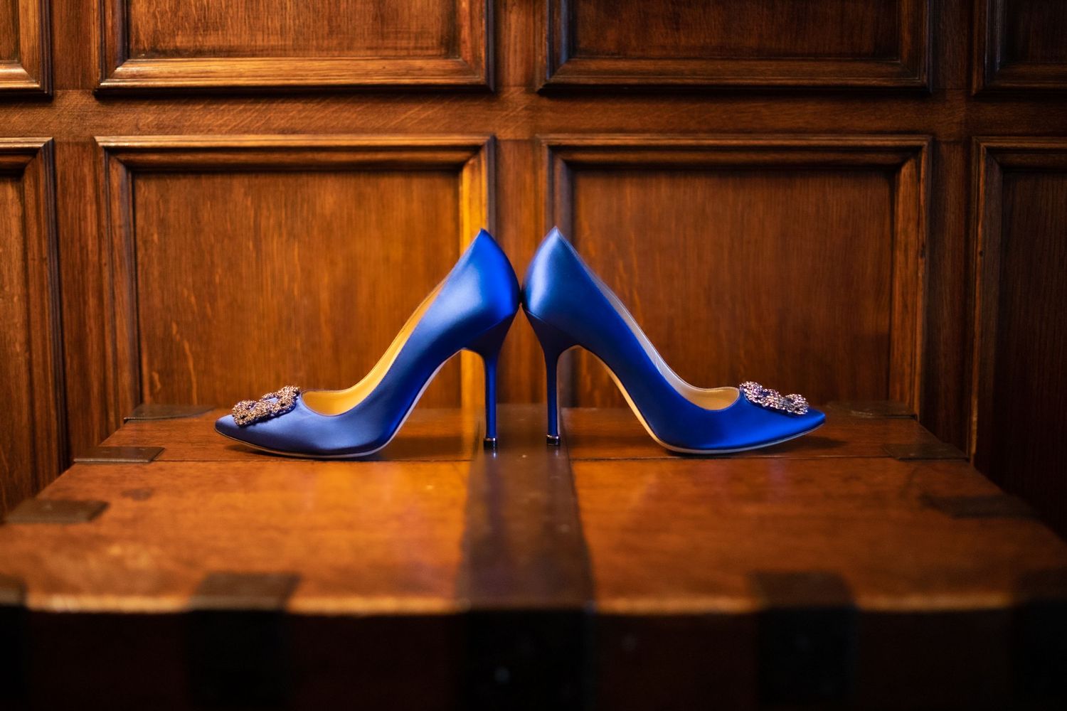 Elegant blue bridal wedding shoes details close up photography