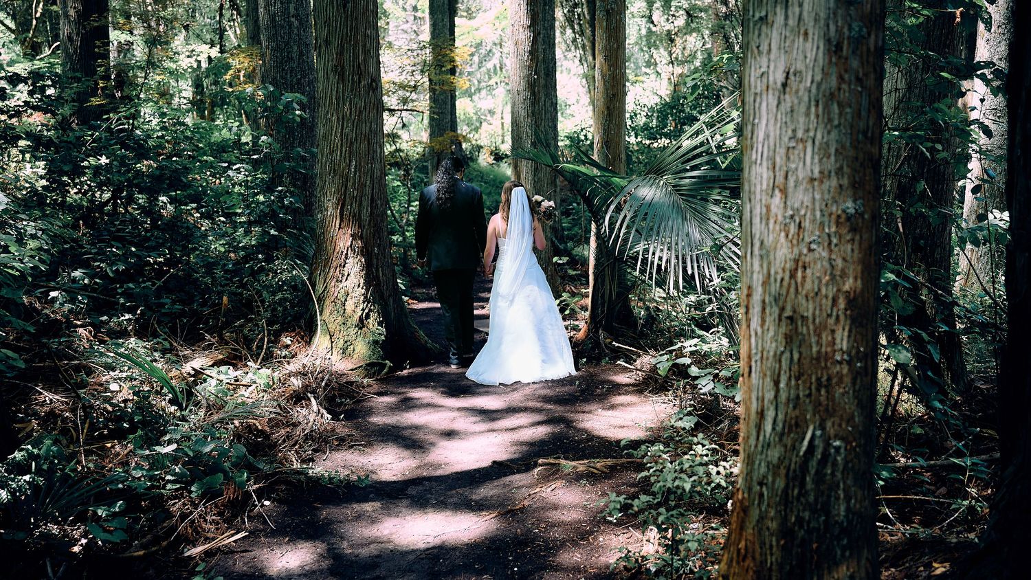 Bride and groom walking hand in hand down a sunlit forest path on their wedding day.