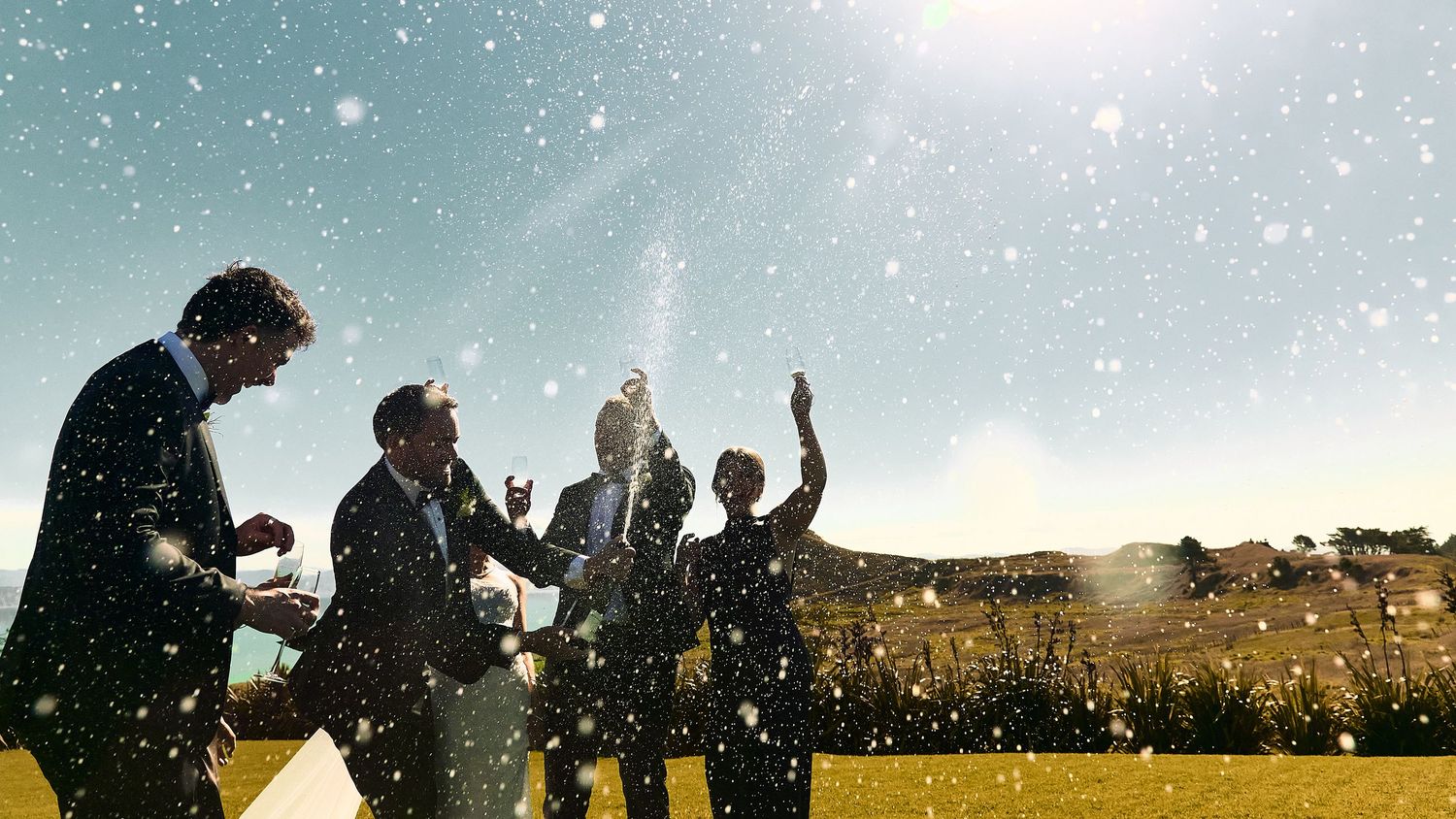 Wedding guests celebrating outdoors in sunshine with confetti flying in a scenic countryside setting.