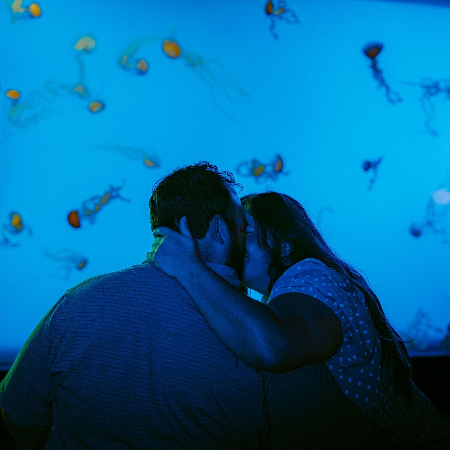 Couple sharing a romantic moment in front of a glowing blue jellyfish aquarium display.