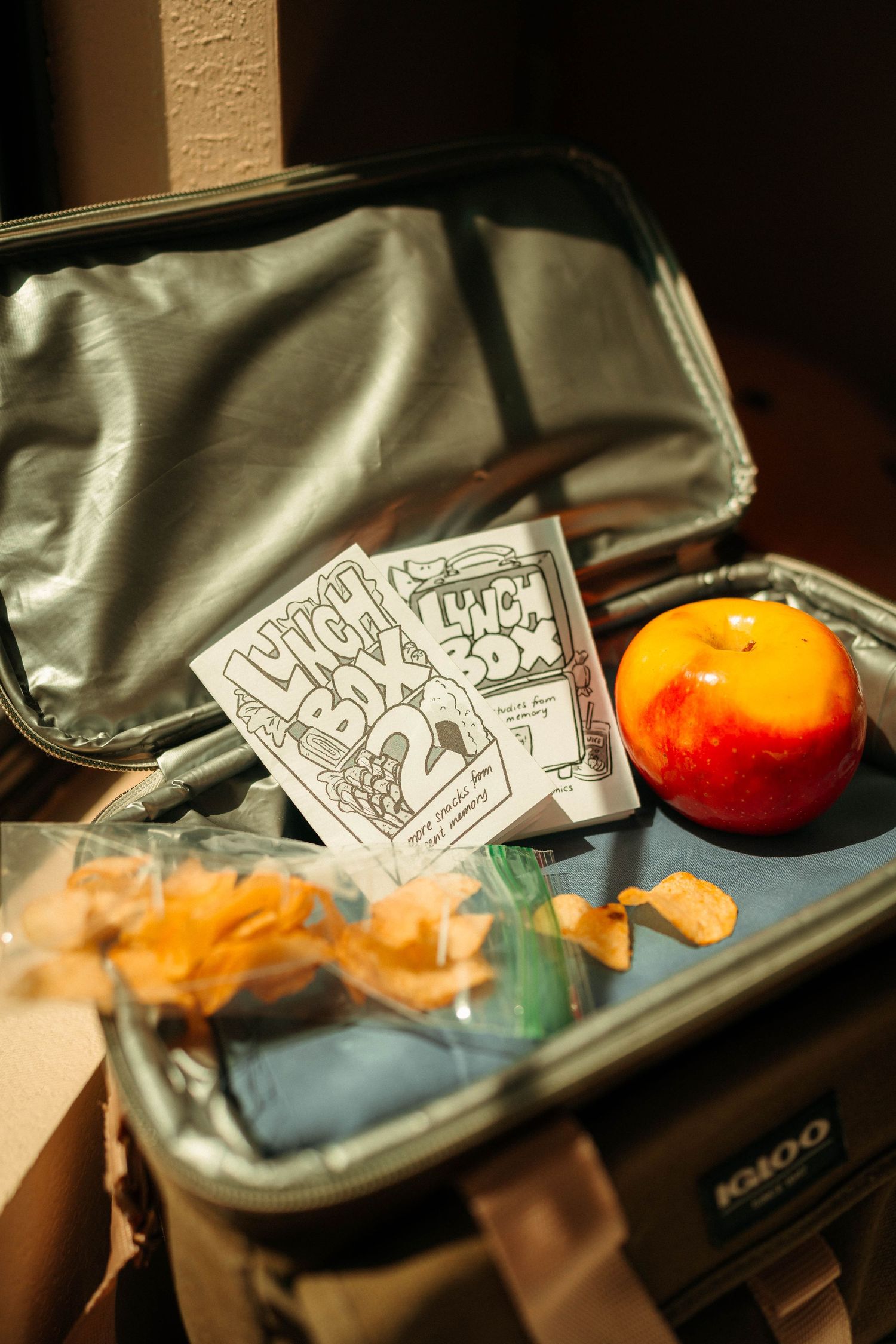 Open lunch box with comic zines, a red apple, and snacks inside an Igloo cooler bag.