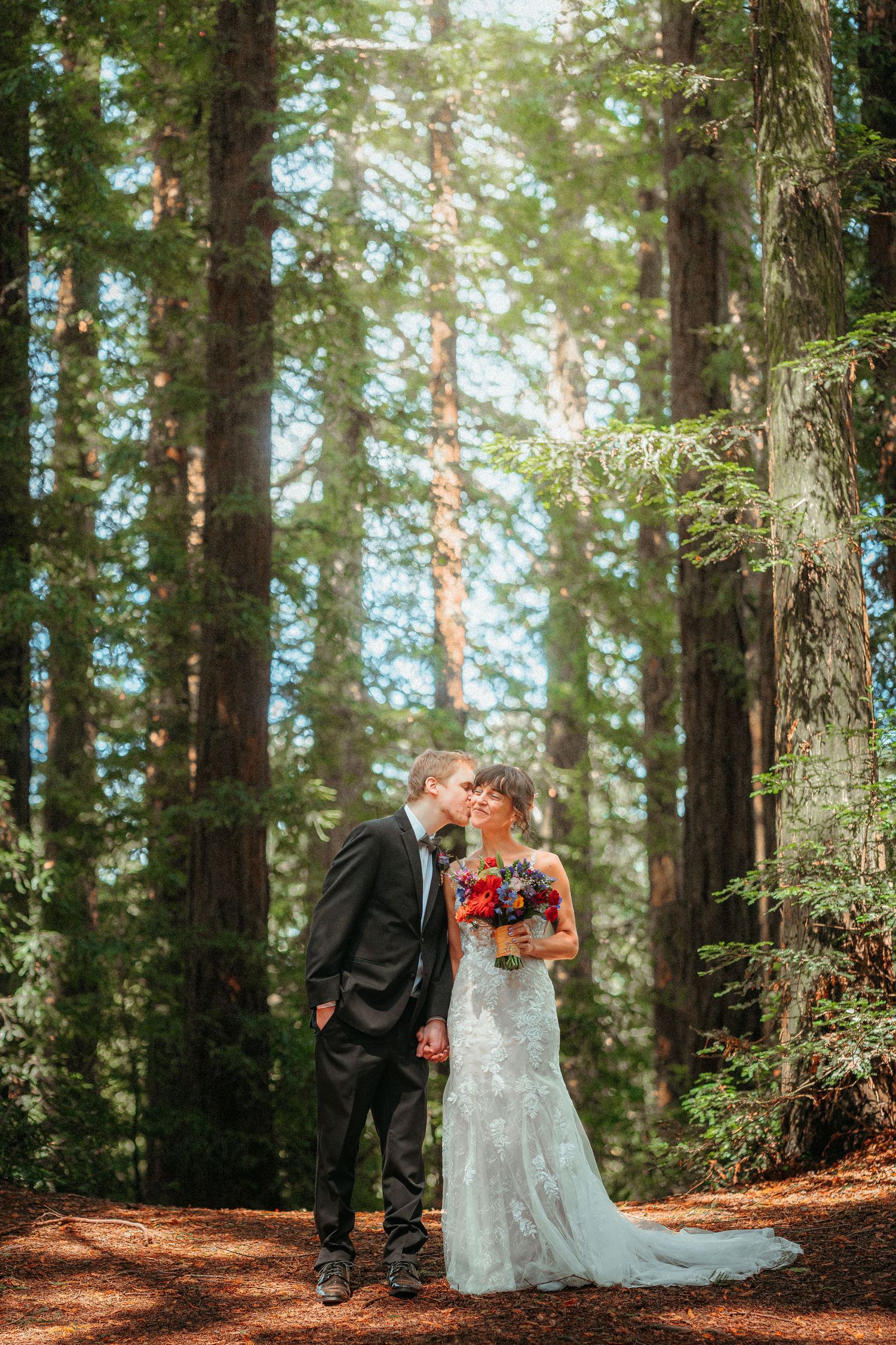 Bride and groom share a kiss in a sunlit redwood forest, bride holding a colorful bouquet in a lace wedding gown.
