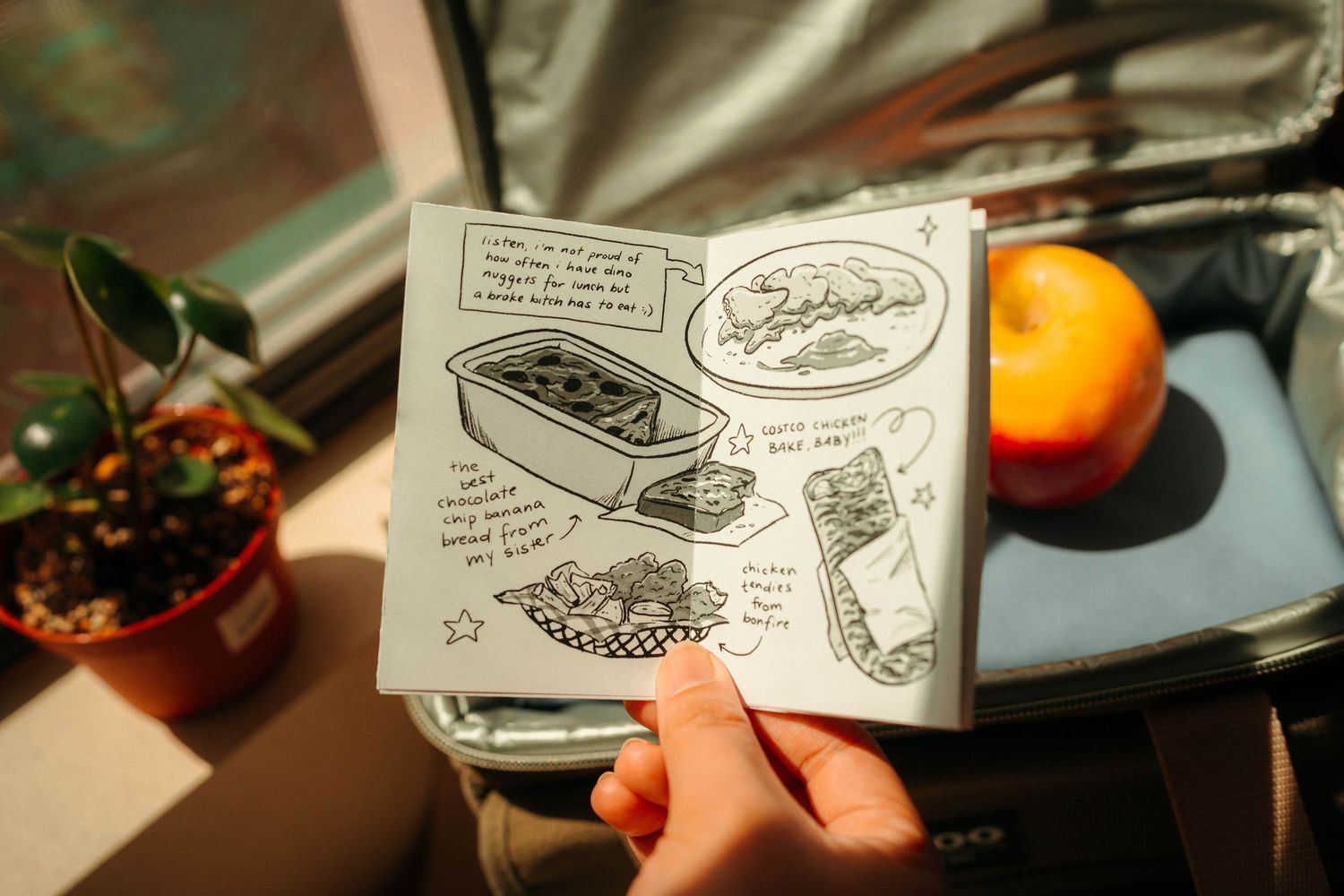 Hand holding open a sketchbook with food illustrations next to an orange and a plant.