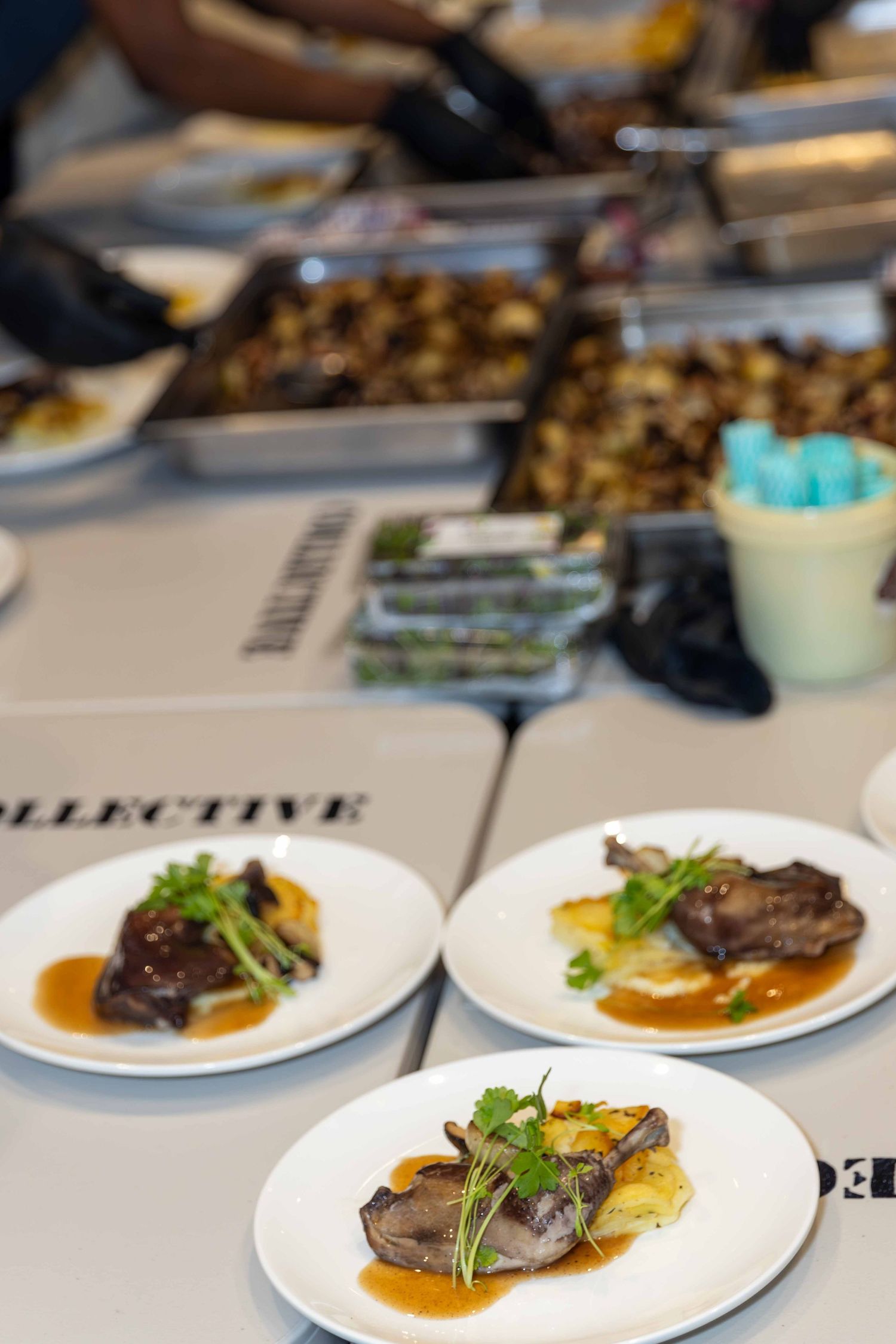 Elegant plated dishes with garnished meat and sauce served at an upscale event.