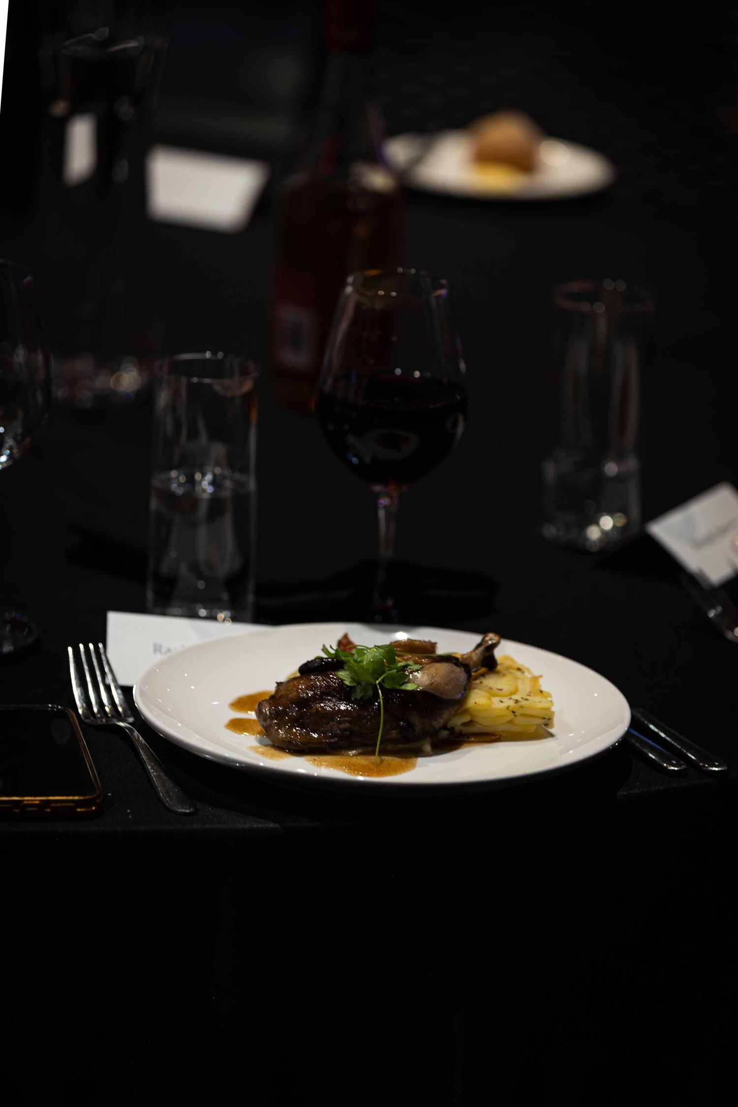 Fine dining plate with meat and sauce photographed in moody lighting with wine glass.