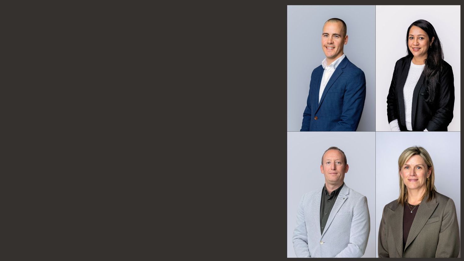 Four professional headshots of business executives, two men and two women, in formal attire against neutral backgrounds.