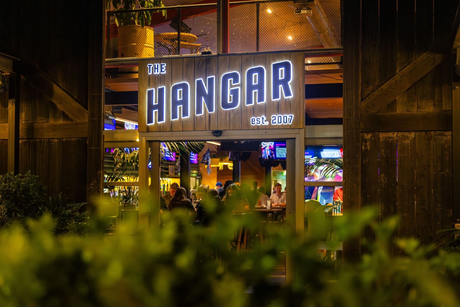 Illuminated blue Hangar neon sign glows at night through green foliage in an urban setting.