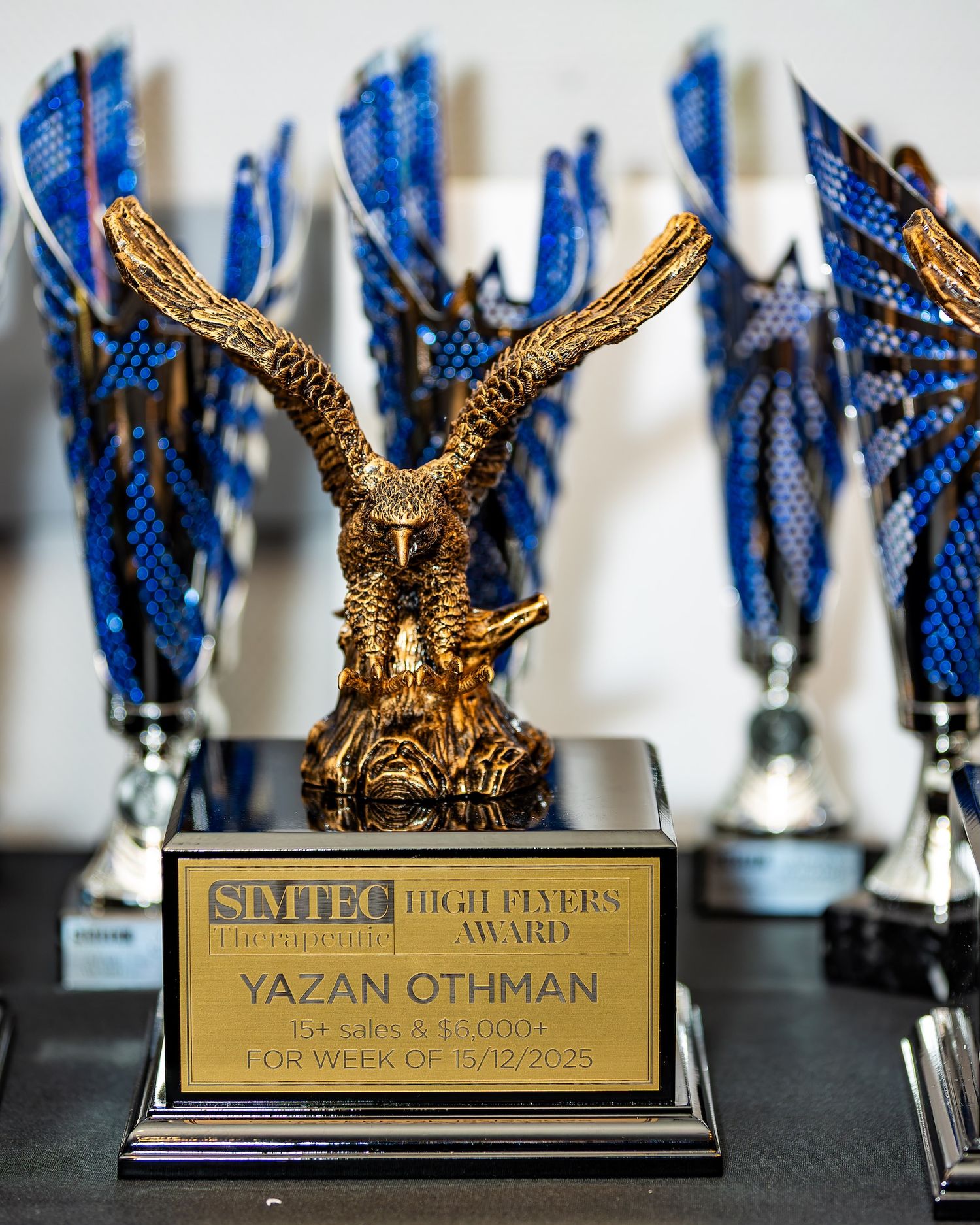 Gold eagle trophy for SIMTEC High Flyers Award presented to Yazan Othman for top sales performance.