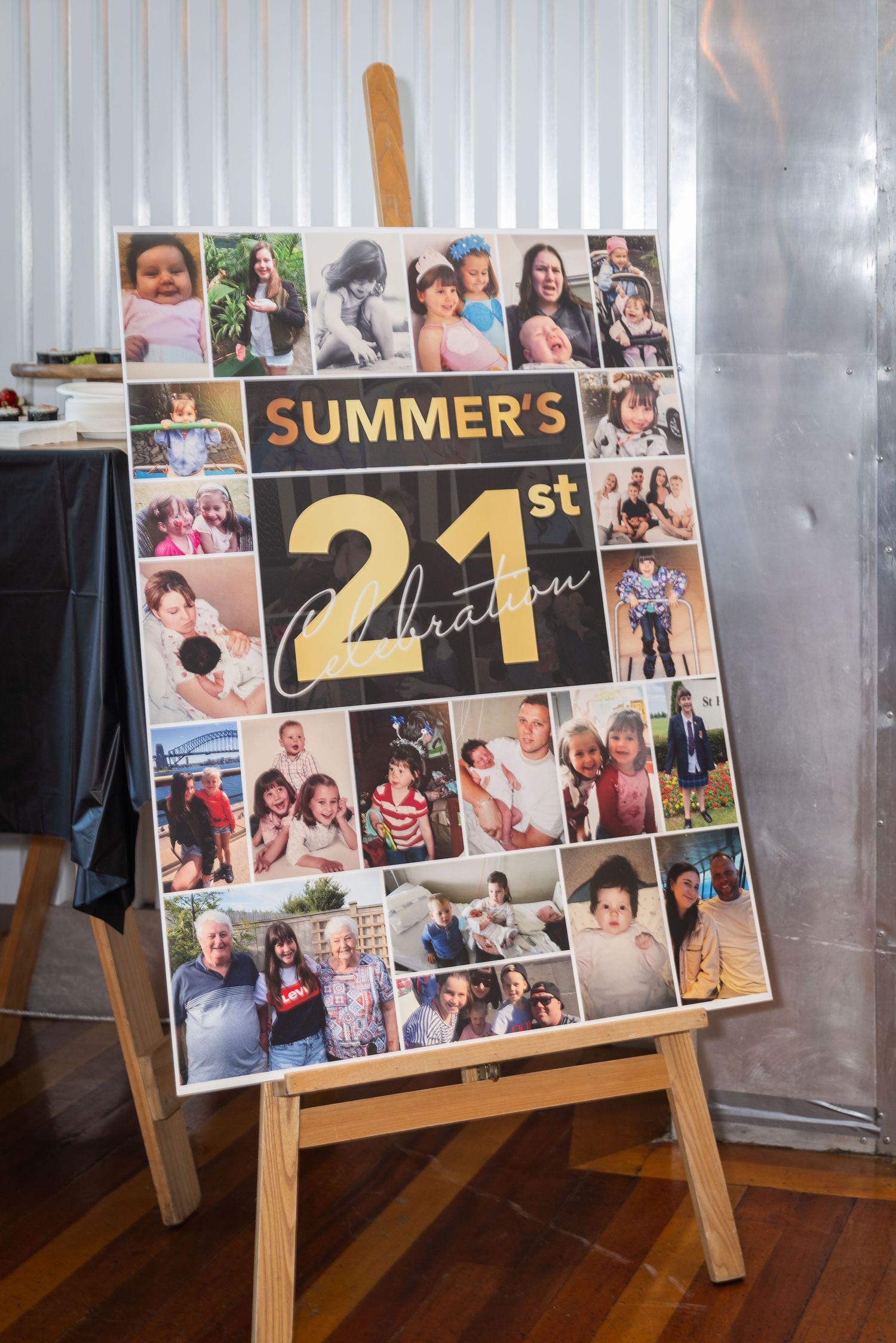 A photo collage board on an easel celebrating Summer's 21st birthday, featuring childhood and family photos.