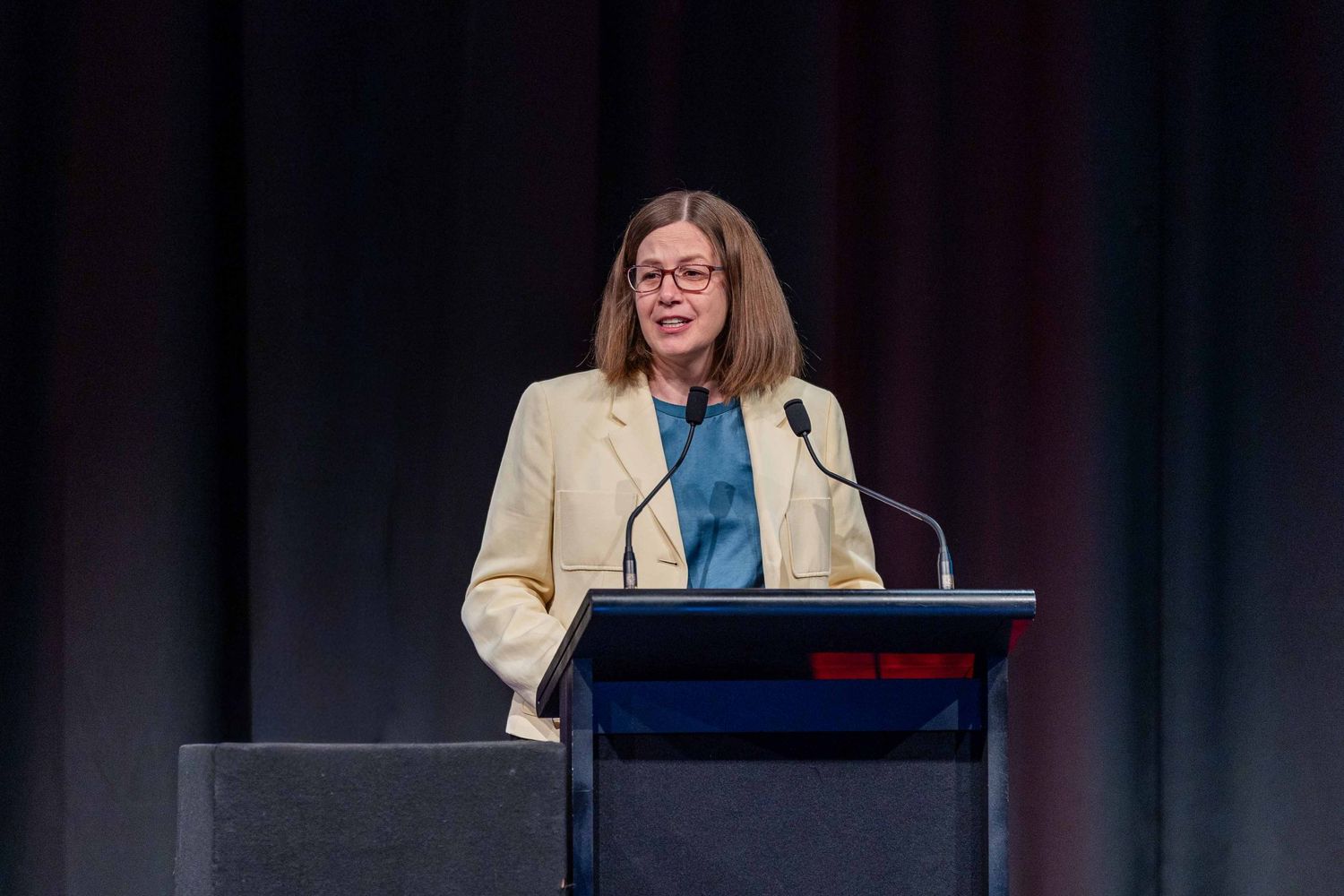 Speaker at podium delivering presentation with Bargain Chemist branding visible on stage.