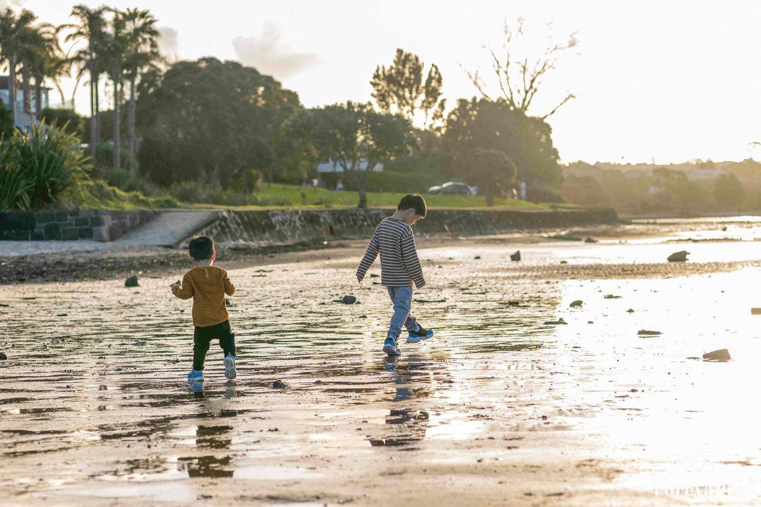 Two children wade through shallow beach water at sunset with palm trees and a shoreline in the background.
