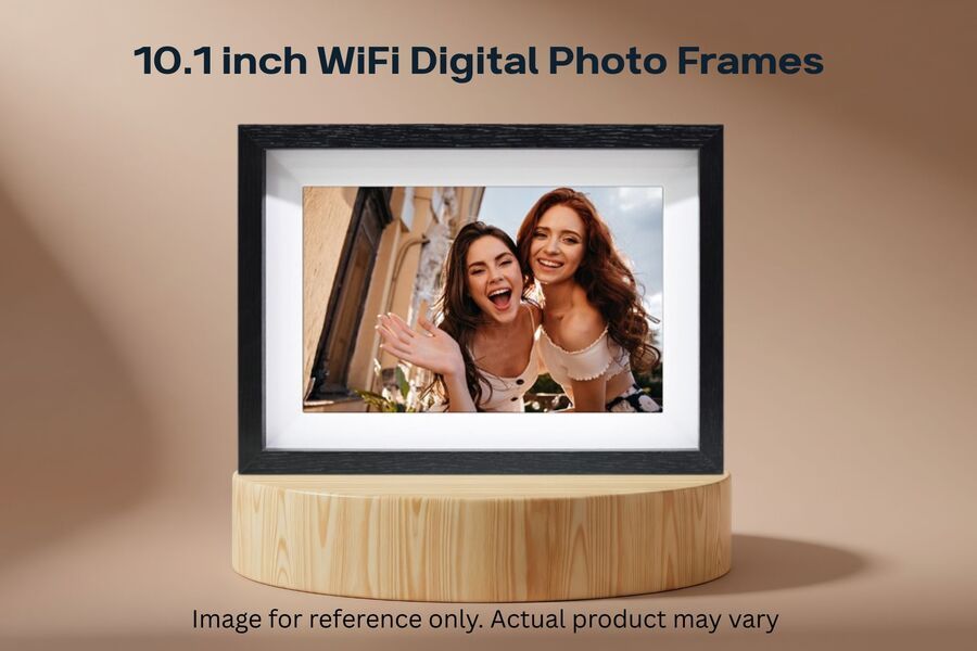 10.1 inch WiFi digital photo frame with wooden base displaying two smiling women, shown on a beige background.