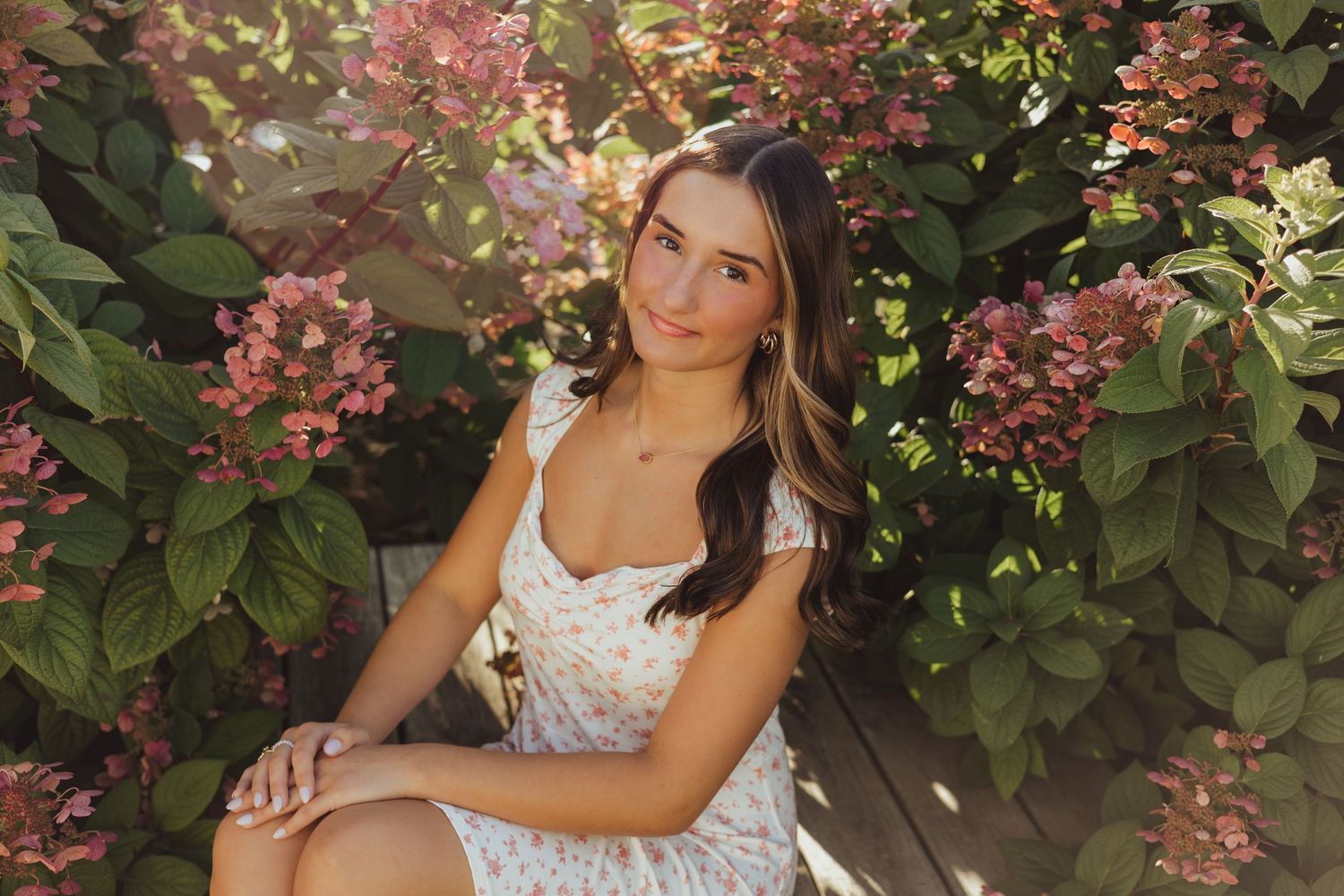 Young woman in floral dress sitting among blooming pink hydrangeas in golden sunlight.