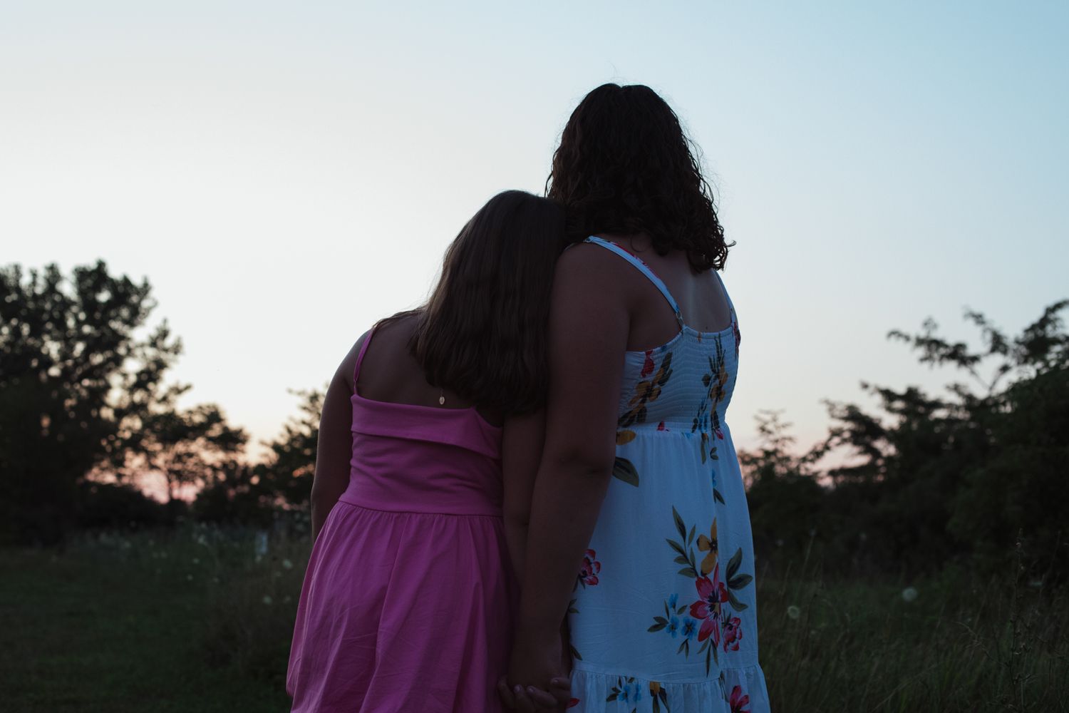Two women in dresses standing together in a field at dusk, viewed from behind.