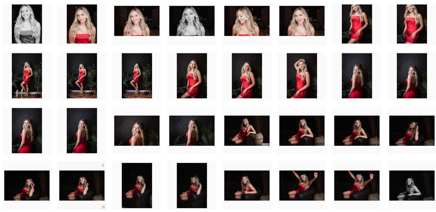 Contact sheet of a blonde woman posing in a red dress against black background.