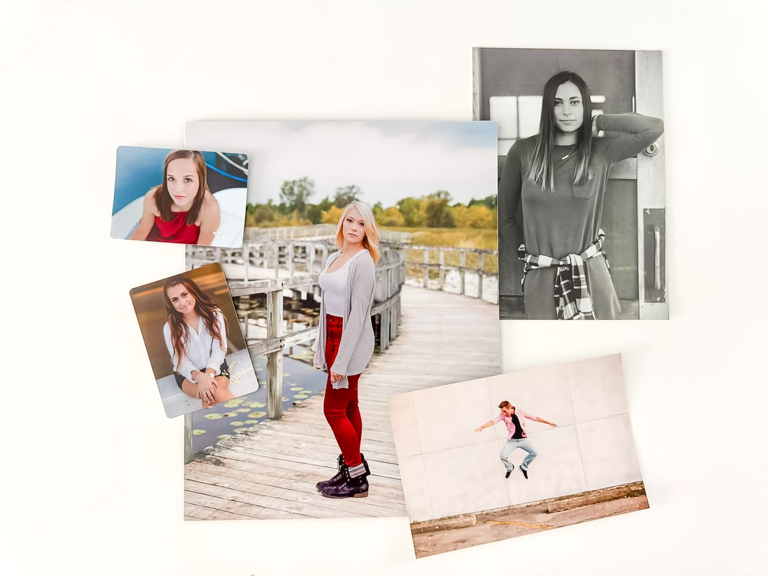 Collage of four teen girl senior portrait photos in casual outfits, posed outdoors on docks and near walls.