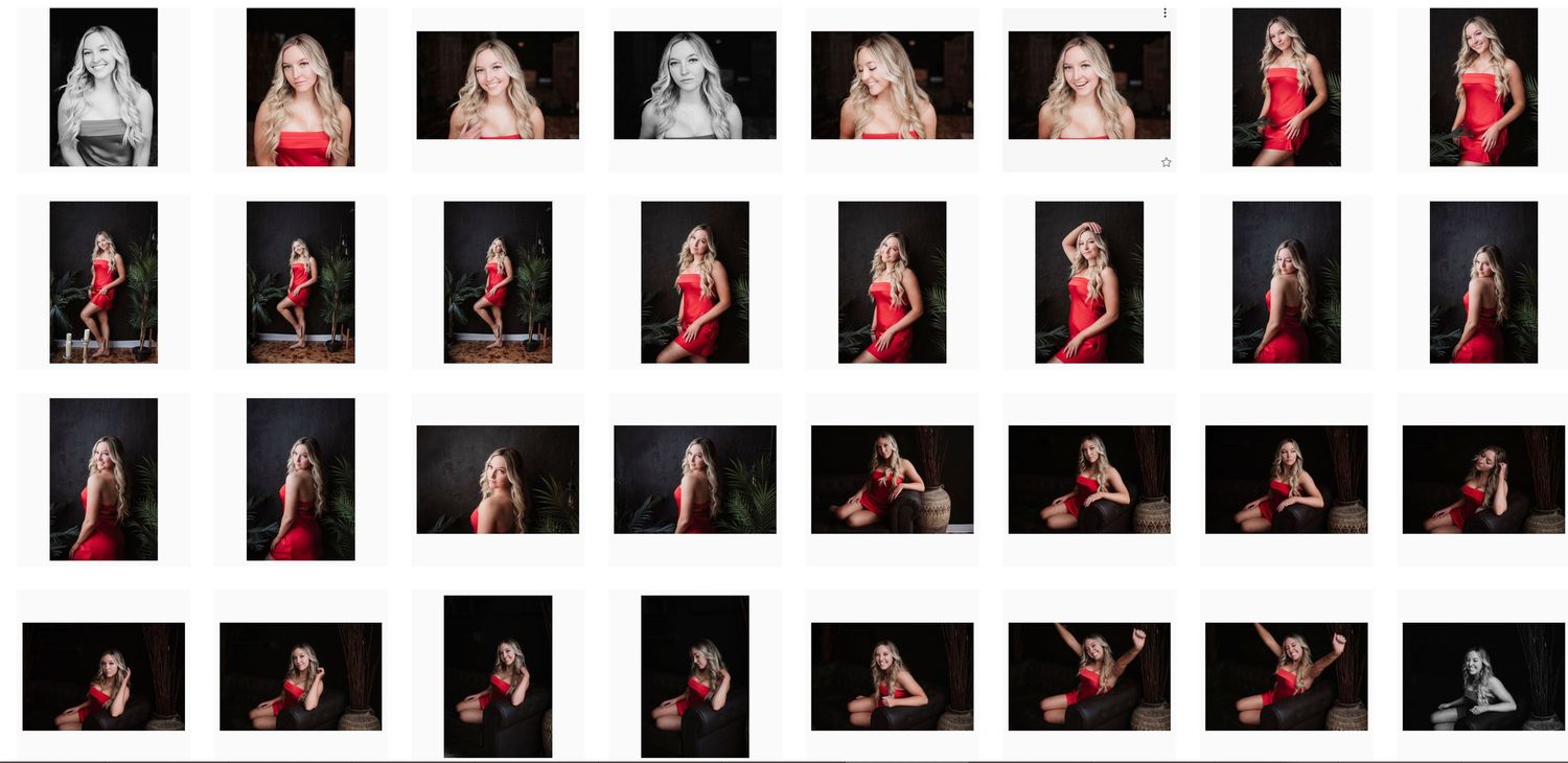 Contact sheet grid of professional studio portraits of blonde woman in red dress.