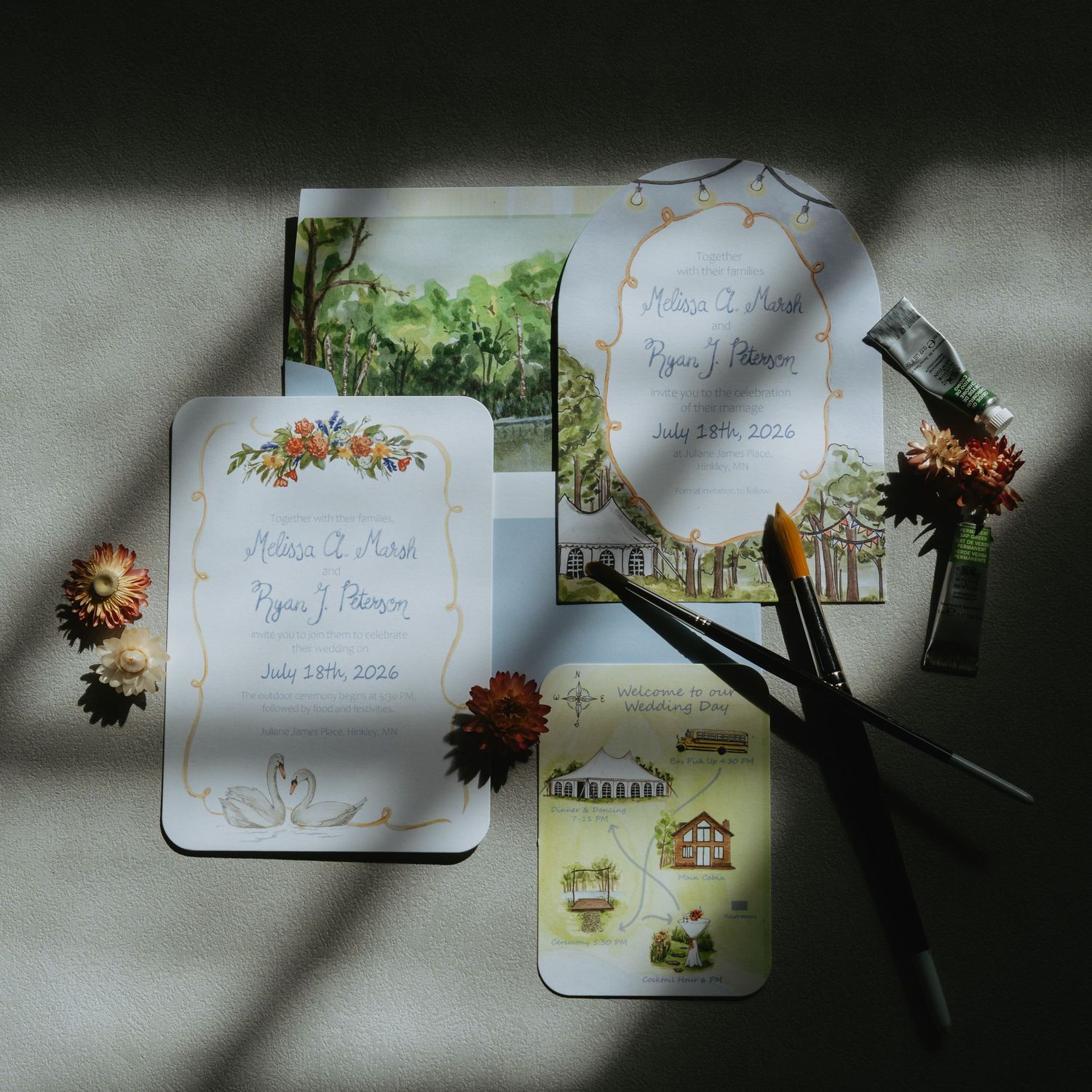 Flat lay of wedding stationery