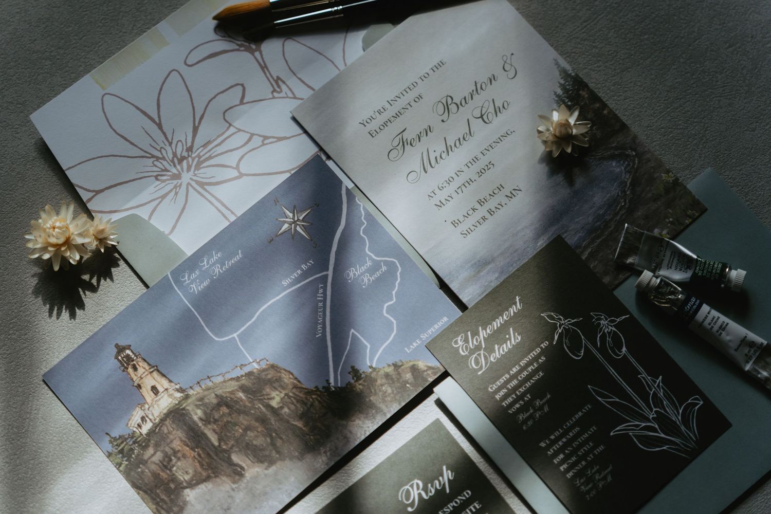 Flat lay of wedding stationery