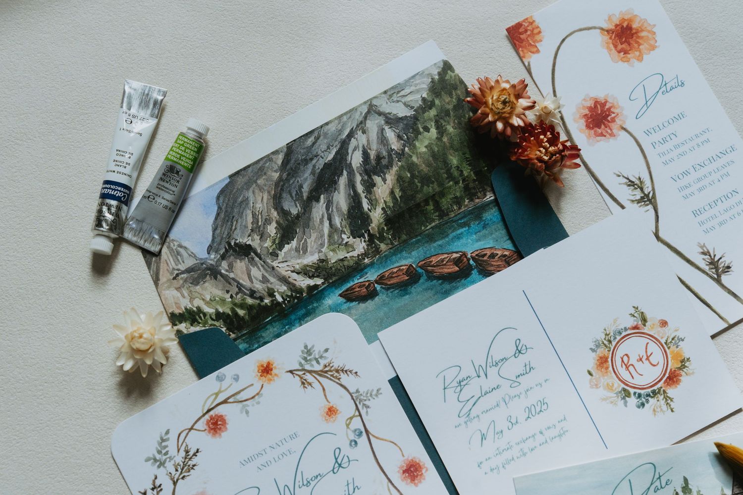 Flat lay of wedding stationery
