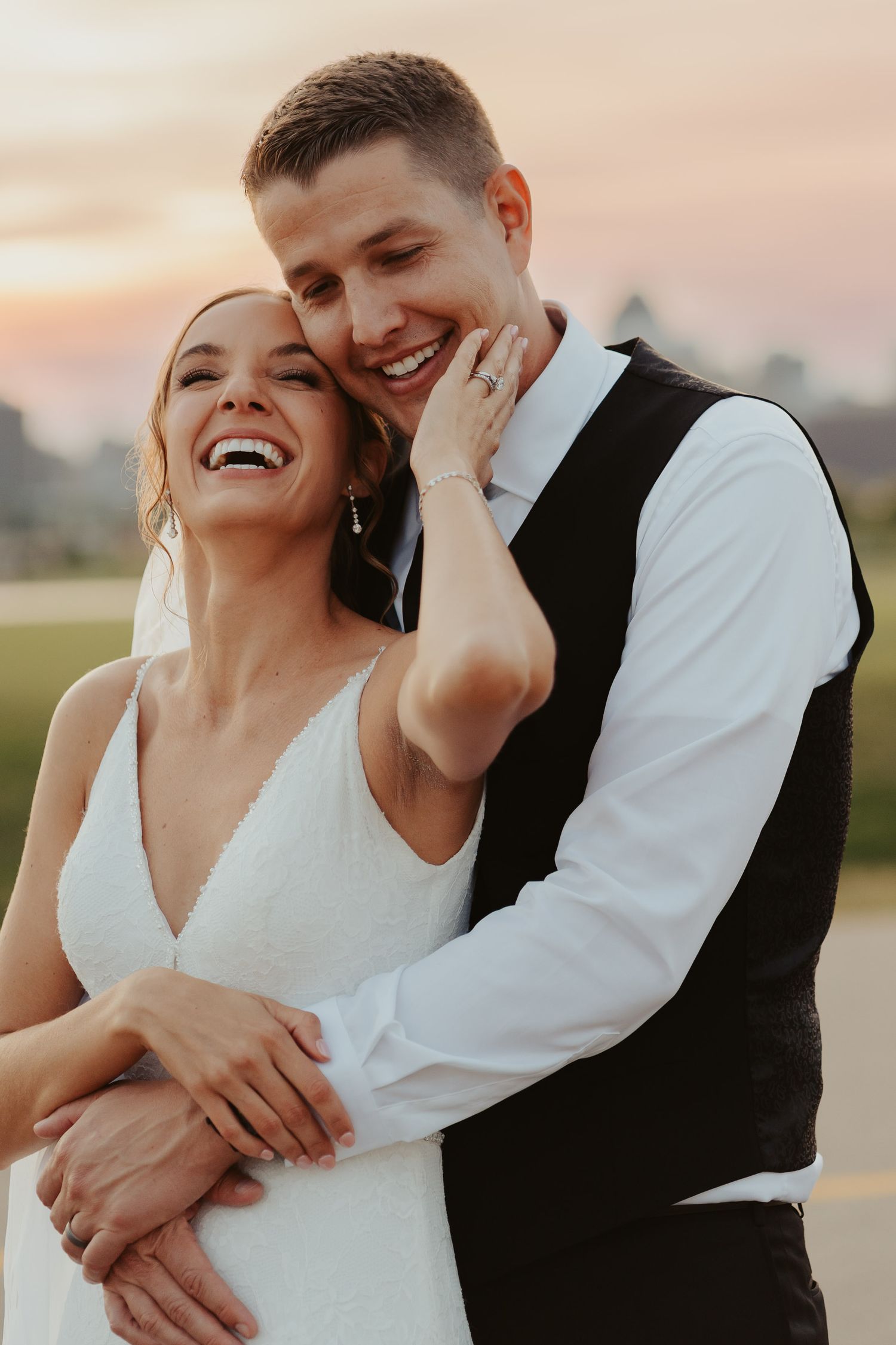 Golden hour portrait of wedding couple.