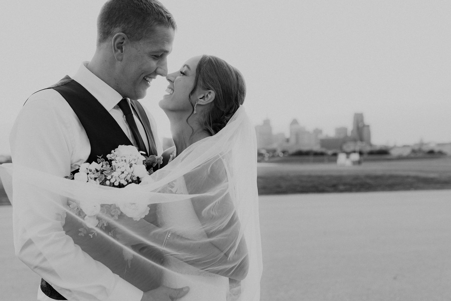Golden hour portrait of wedding couple.