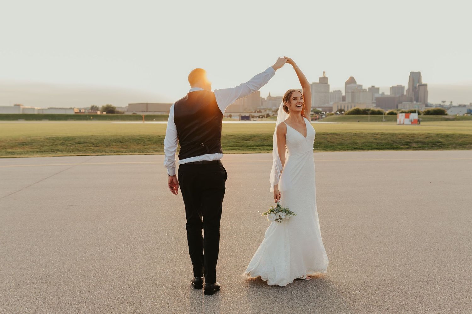 Golden hour portrait of wedding couple.