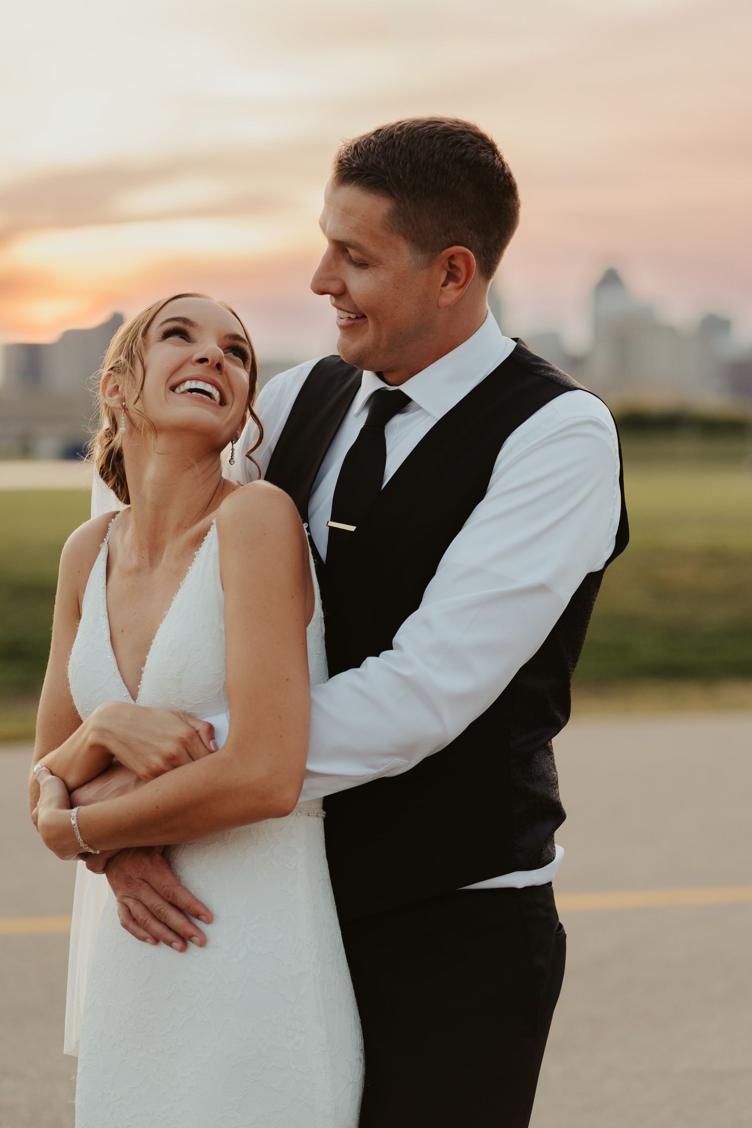 Golden hour portrait of wedding couple.