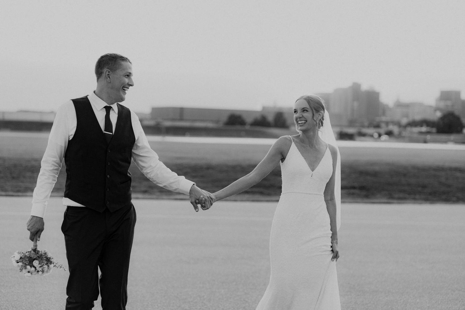 Golden hour portrait of wedding couple.