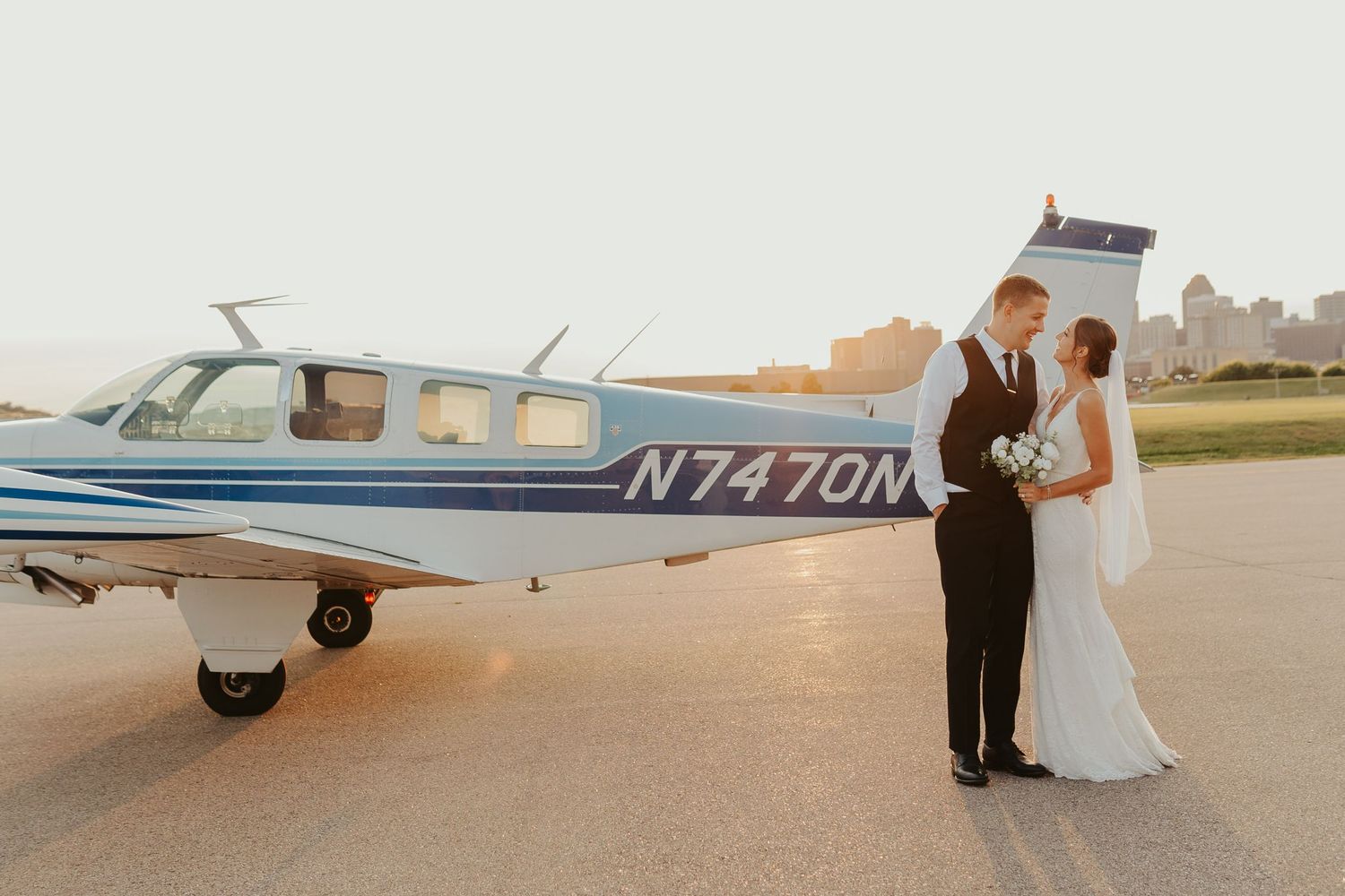 Golden hour portrait of wedding couple.