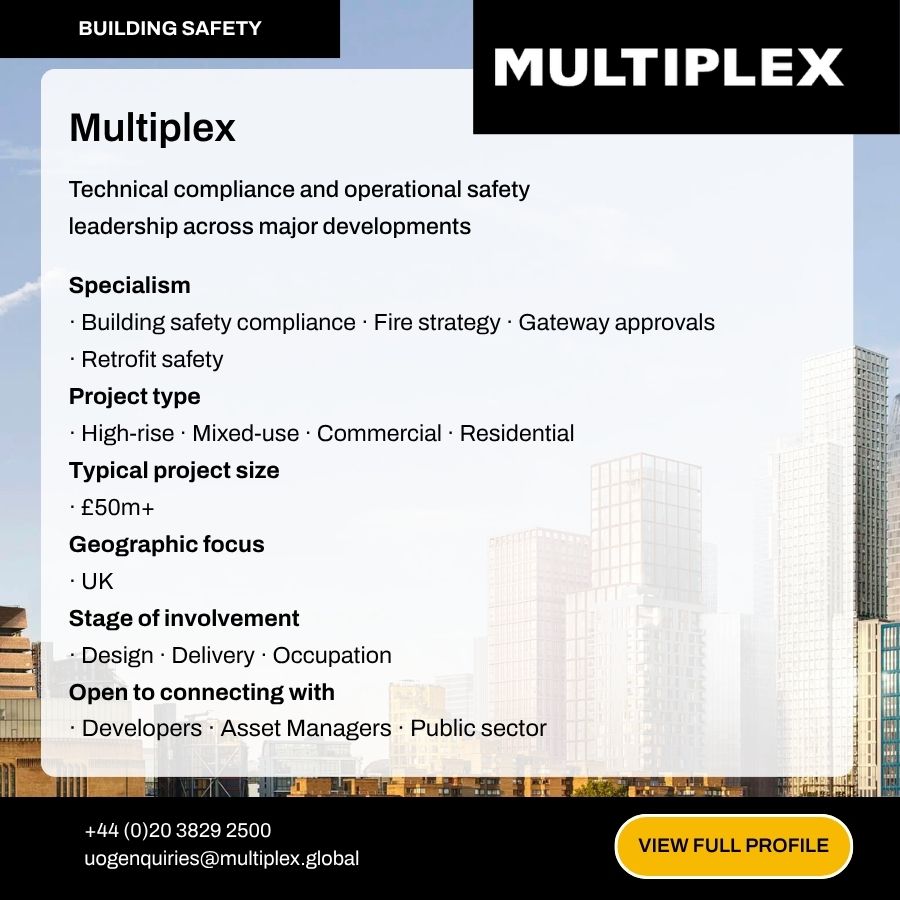 Multiplex building safety profile card highlighting technical compliance, fire strategy, and gateway approvals for UK developments.