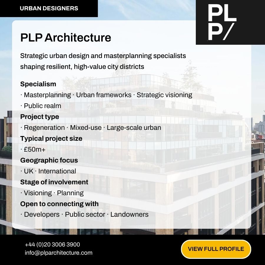 PLP Architecture urban design firm profile card showcasing masterplanning services, project types, and contact details on dark background.