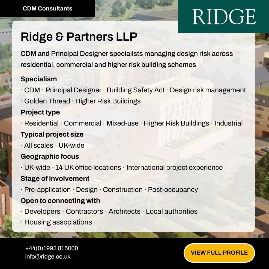 Ridge & Partners LLP CDM consultants promotional card listing specialisms, project types, and UK office locations.