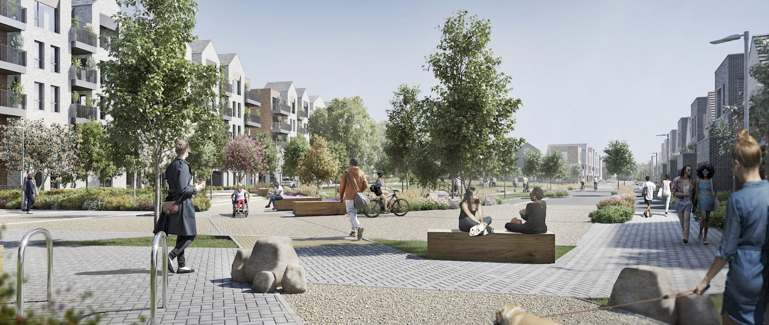 Modern urban plaza with pedestrians, wooden benches, trees, and contemporary residential buildings in a newly developed neighborhood.