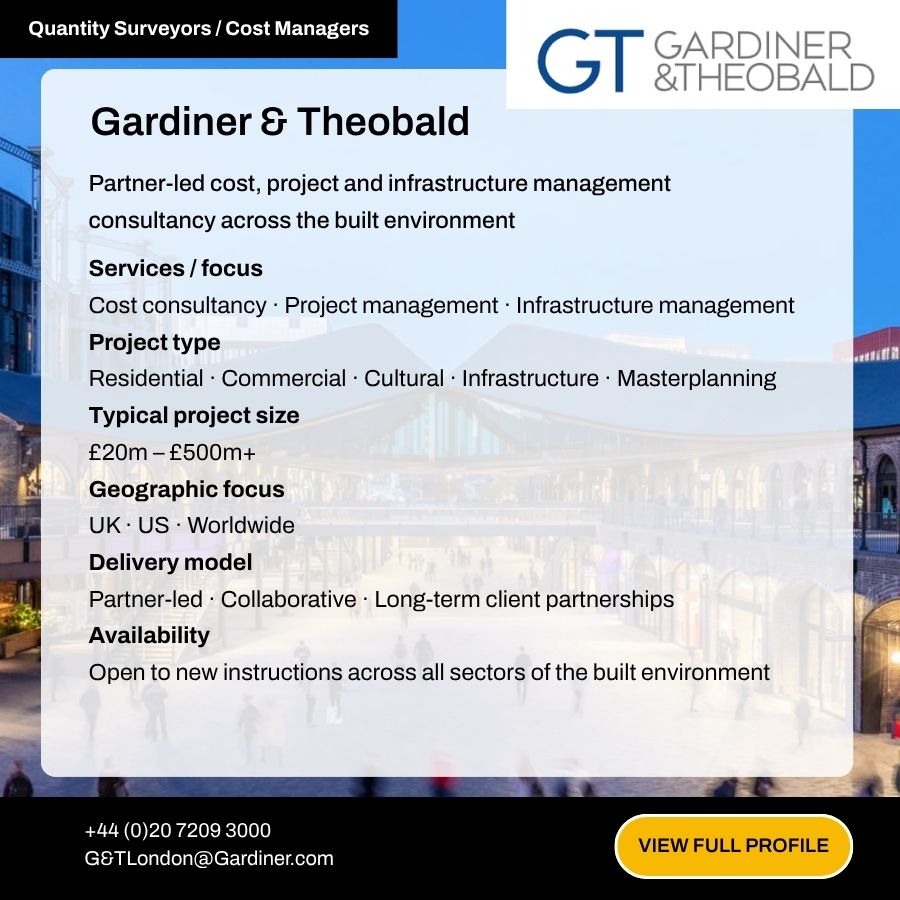 Gardiner & Theobald quantity surveyors cost managers consultancy profile card showing services, project types, and contact details.