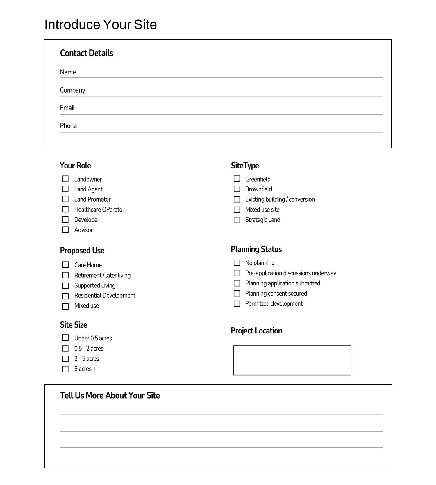 A site introduction form with fields for contact details, role, site type, proposed use, planning status, site size, and project location.
