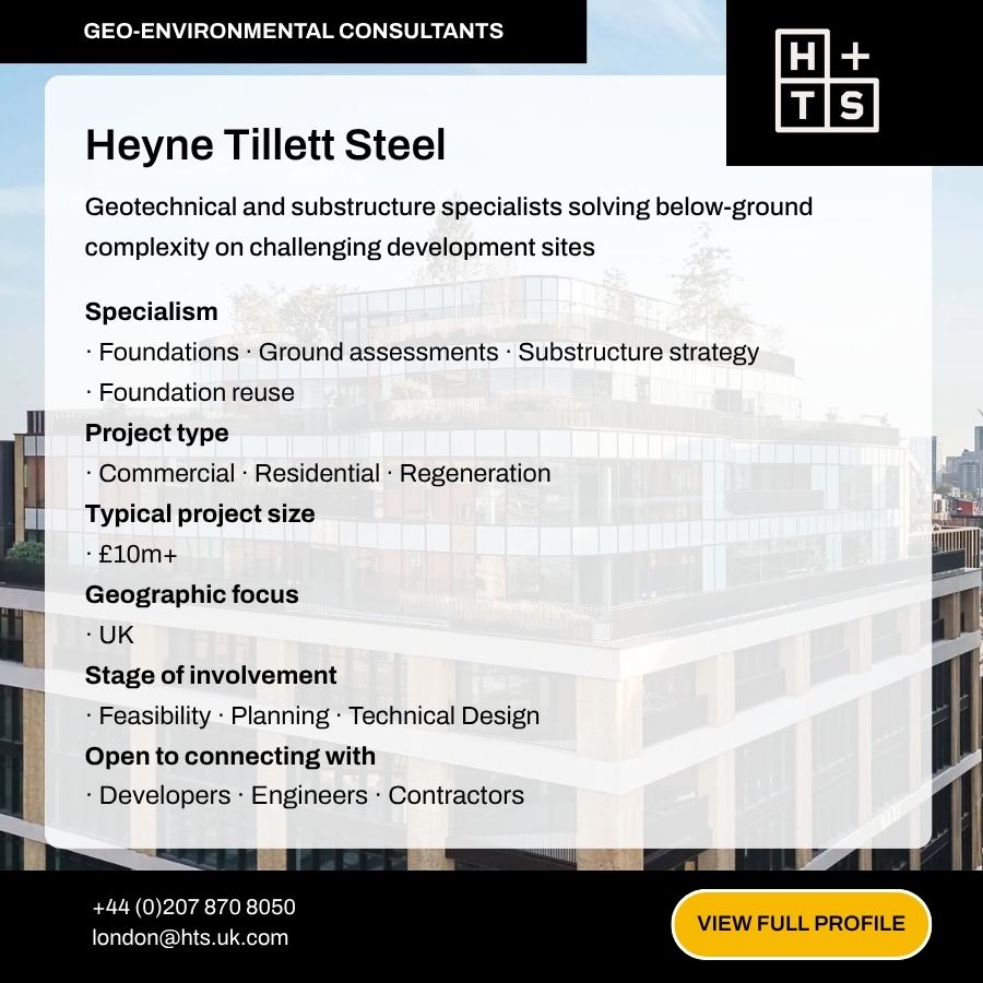Heyne Tillett Steel geo-environmental consultants profile card showing geotechnical specialisms, project types, and UK contact details.