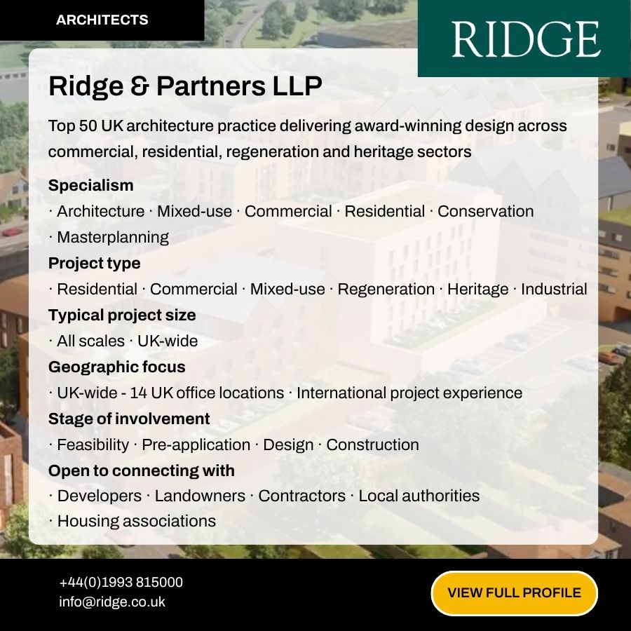 Ridge & Partners LLP architecture firm profile card highlighting UK-wide services in commercial, residential, and heritage sectors.