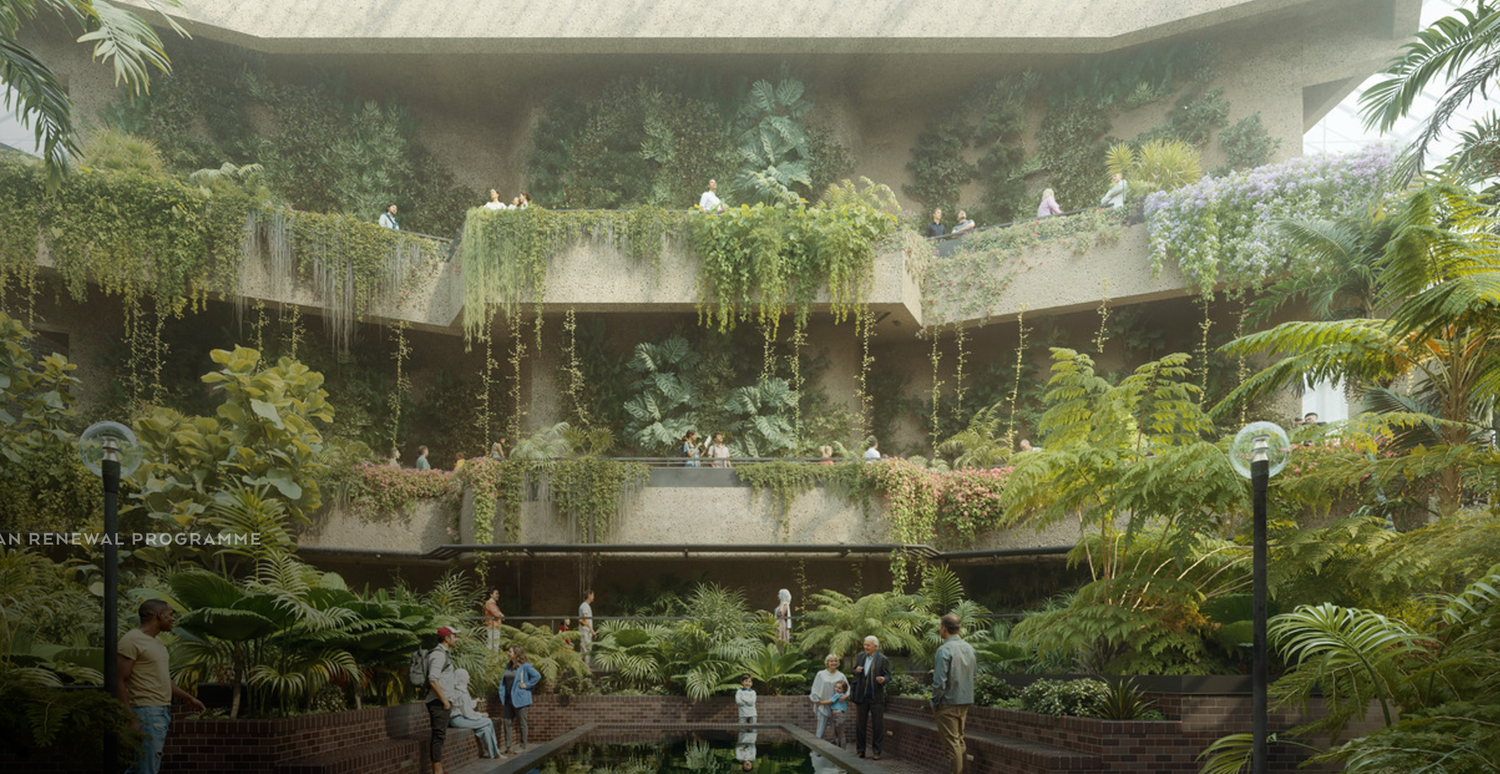 Lush indoor atrium with cascading green plants covering multi-story walls, creating a stunning vertical garden oasis.