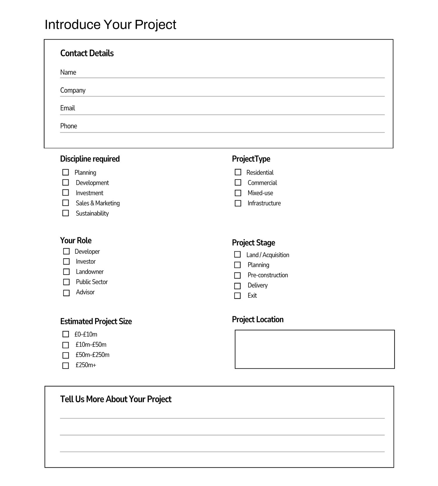 Introduce Your Project form with contact details, discipline, role, project size, type, stage, and location fields.