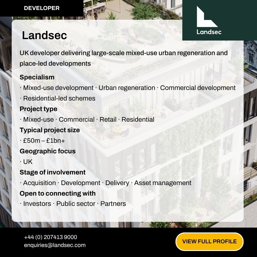 Landsec UK developer profile card showing specialisms, project types, and contact details for mixed-use urban regeneration.