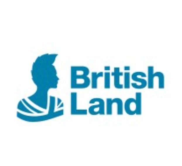 British Land company logo featuring a blue Roman figure silhouette beside bold blue text reading British Land.