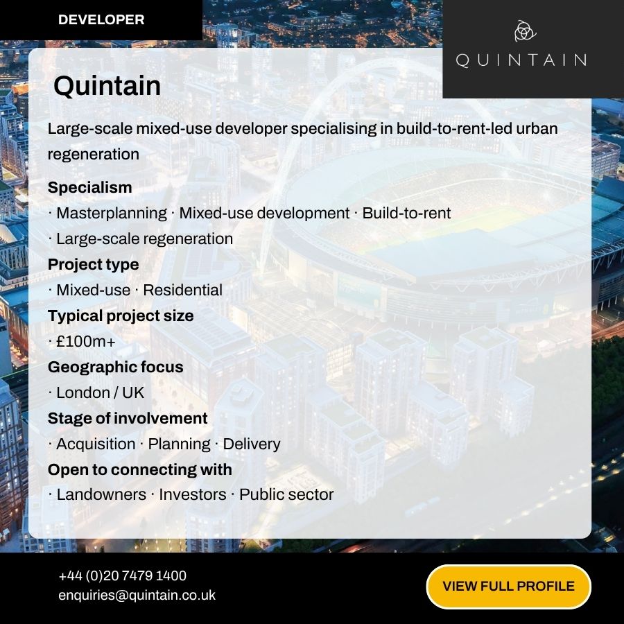 Quintain developer profile card showing mixed-use build-to-rent specialist with London/UK focus and £100m+ project size.