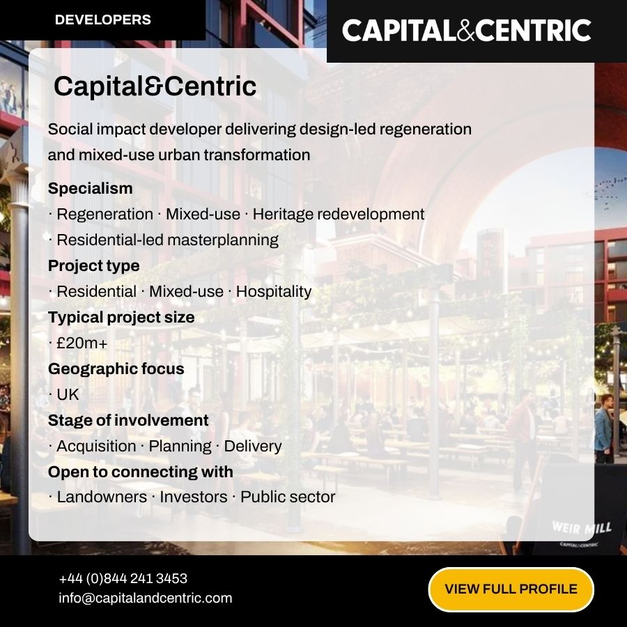 Capital&Centric developer profile card showing specialisms, project types, and contact details for UK urban regeneration projects.