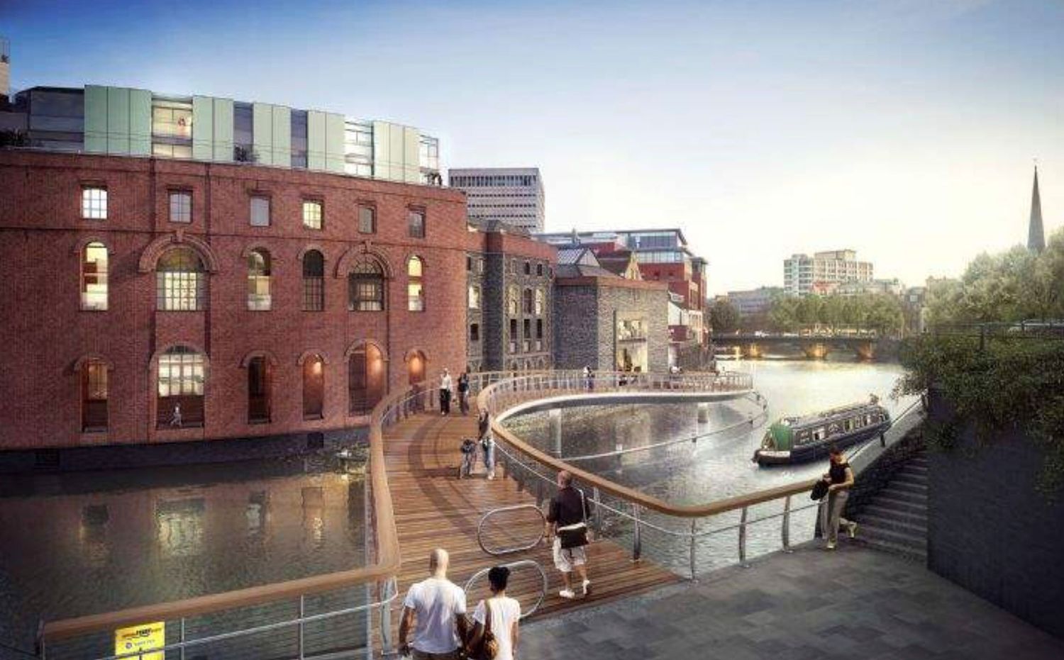 Brick waterfront development with canal, pedestrian walkways, and narrowboat in an urban setting.