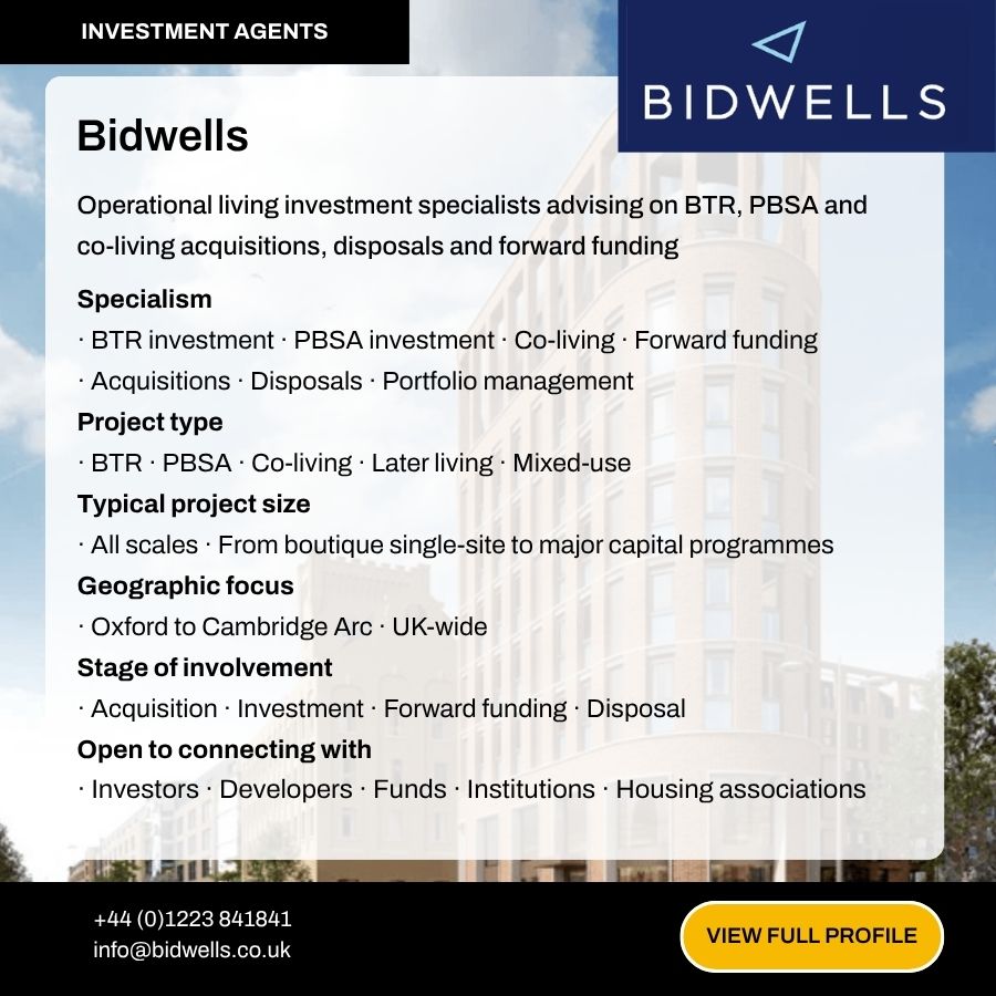 Bidwells investment agents specializing in BTR, PBSA, and co-living acquisitions, disposals, and forward funding services.