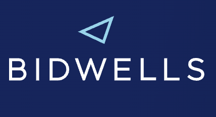 White text spelling BIDWELLS against a dark blue background with geometric triangular shapes.